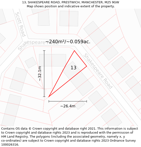 13, SHAKESPEARE ROAD, PRESTWICH, MANCHESTER, M25 9GW: Plot and title map