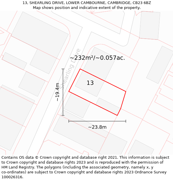 13, SHEARLING DRIVE, LOWER CAMBOURNE, CAMBRIDGE, CB23 6BZ: Plot and title map