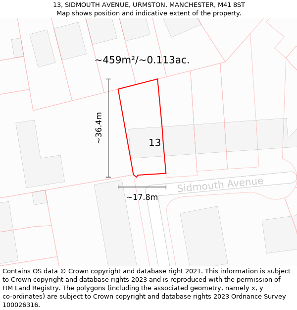 13, SIDMOUTH AVENUE, URMSTON, MANCHESTER, M41 8ST: Plot and title map