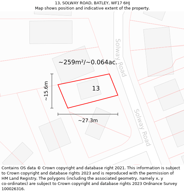 13, SOLWAY ROAD, BATLEY, WF17 6HJ: Plot and title map