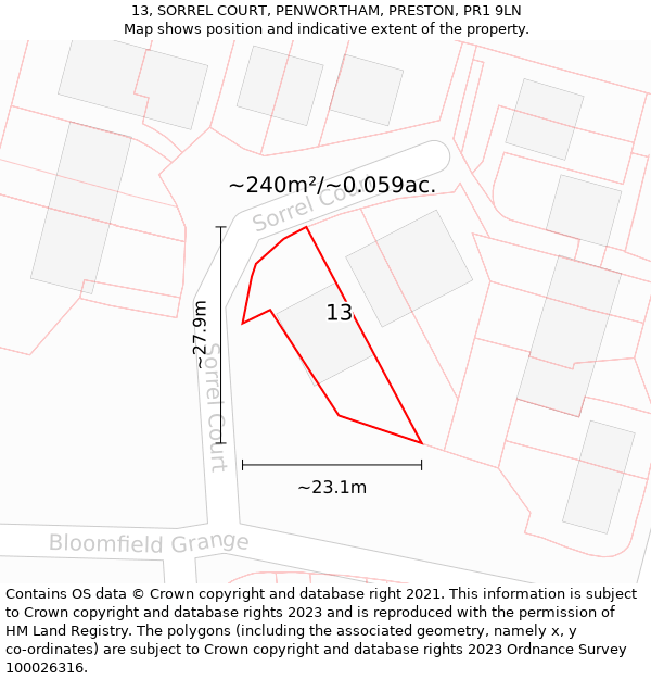 13, SORREL COURT, PENWORTHAM, PRESTON, PR1 9LN: Plot and title map