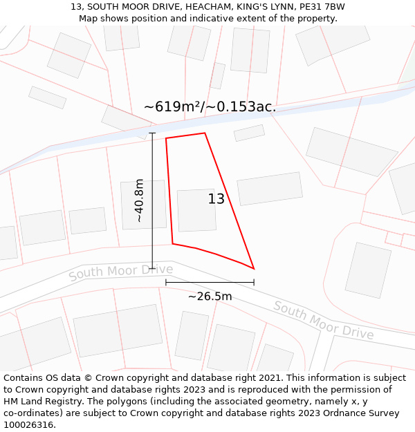 13, SOUTH MOOR DRIVE, HEACHAM, KING'S LYNN, PE31 7BW: Plot and title map