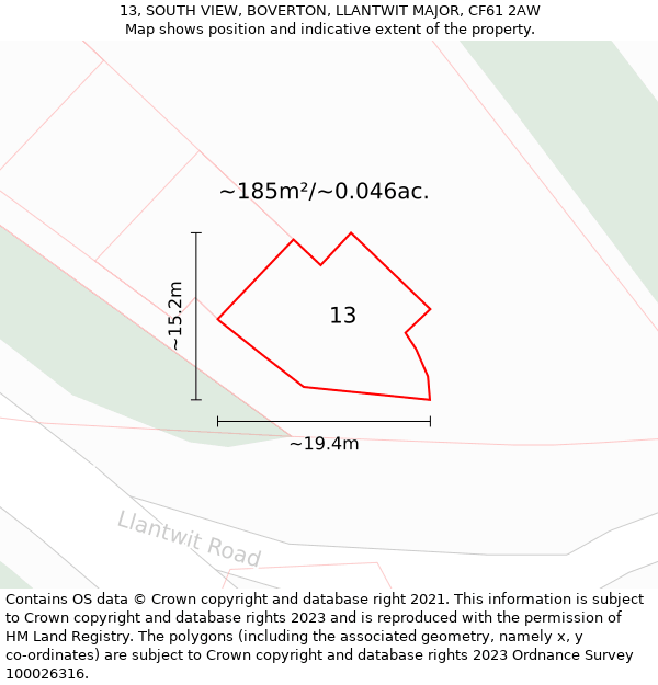 13, SOUTH VIEW, BOVERTON, LLANTWIT MAJOR, CF61 2AW: Plot and title map