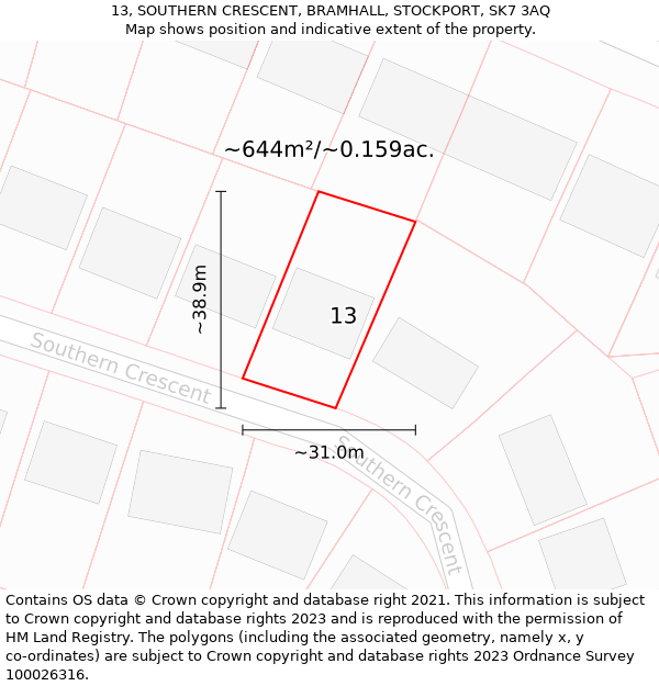 13, SOUTHERN CRESCENT, BRAMHALL, STOCKPORT, SK7 3AQ: Plot and title map