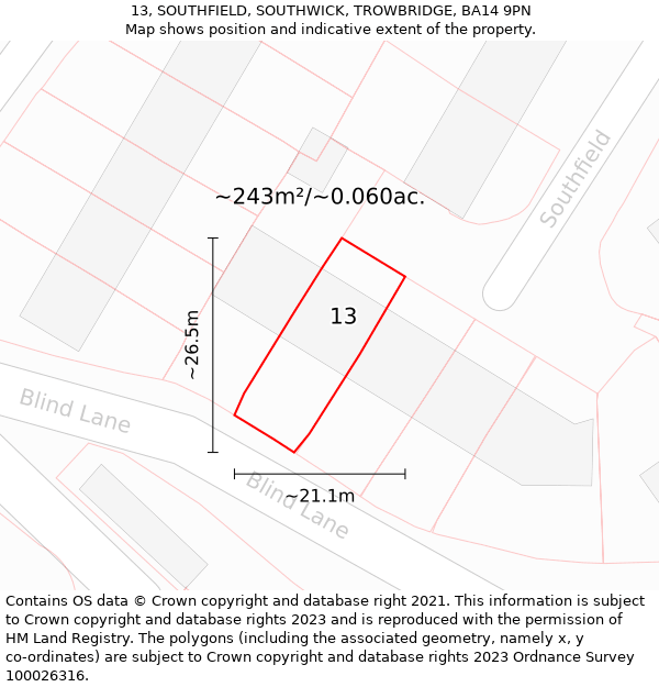 13, SOUTHFIELD, SOUTHWICK, TROWBRIDGE, BA14 9PN: Plot and title map