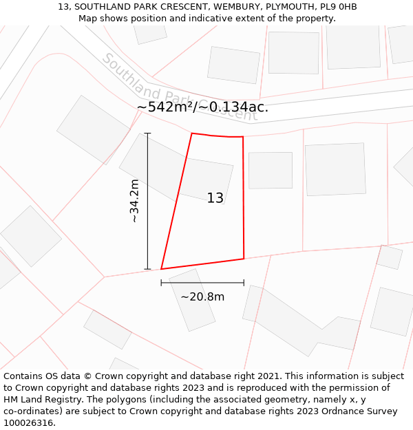 13, SOUTHLAND PARK CRESCENT, WEMBURY, PLYMOUTH, PL9 0HB: Plot and title map