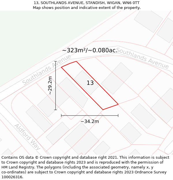 13, SOUTHLANDS AVENUE, STANDISH, WIGAN, WN6 0TT: Plot and title map