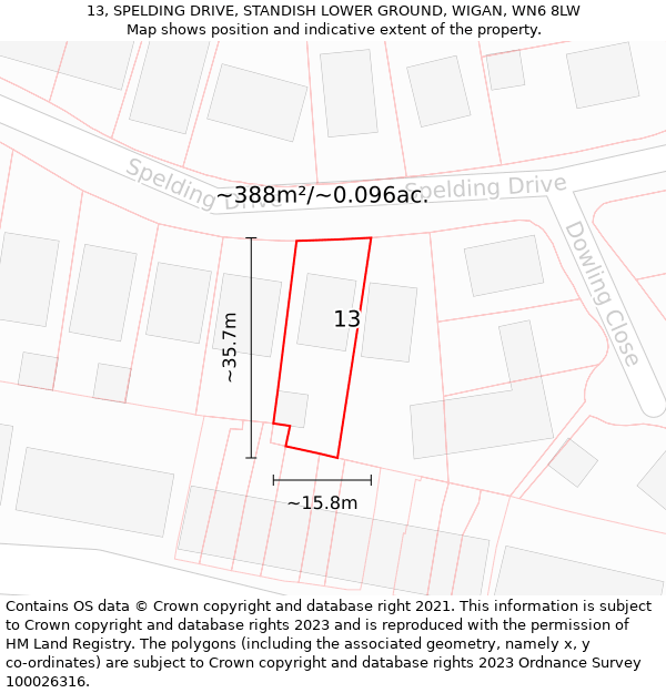 13, SPELDING DRIVE, STANDISH LOWER GROUND, WIGAN, WN6 8LW: Plot and title map