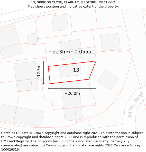 13, SPRIGGS CLOSE, CLAPHAM, BEDFORD, MK41 6GD: Plot and title map