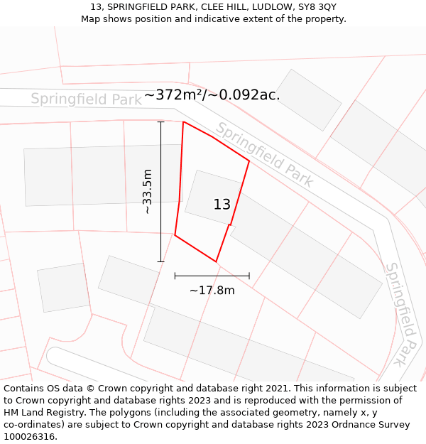 13, SPRINGFIELD PARK, CLEE HILL, LUDLOW, SY8 3QY: Plot and title map