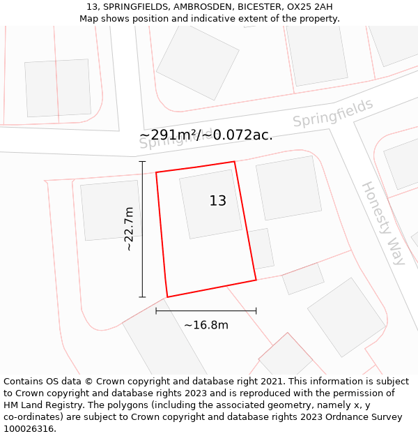 13, SPRINGFIELDS, AMBROSDEN, BICESTER, OX25 2AH: Plot and title map