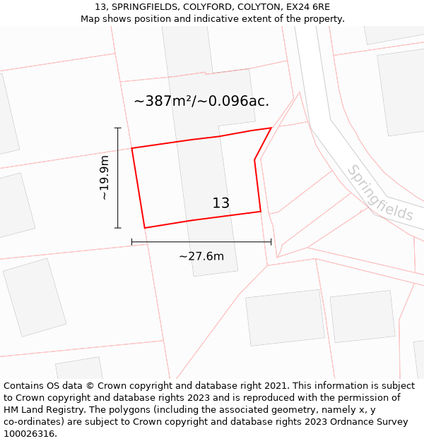 13, SPRINGFIELDS, COLYFORD, COLYTON, EX24 6RE: Plot and title map