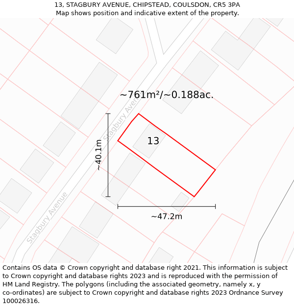 13, STAGBURY AVENUE, CHIPSTEAD, COULSDON, CR5 3PA: Plot and title map