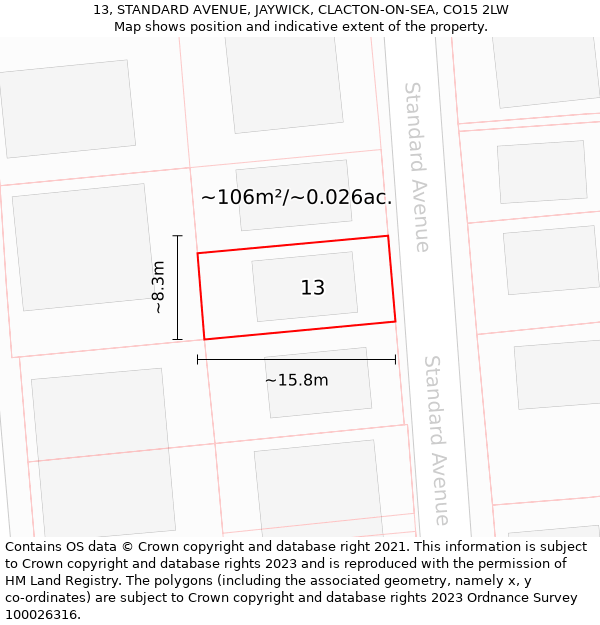 13, STANDARD AVENUE, JAYWICK, CLACTON-ON-SEA, CO15 2LW: Plot and title map