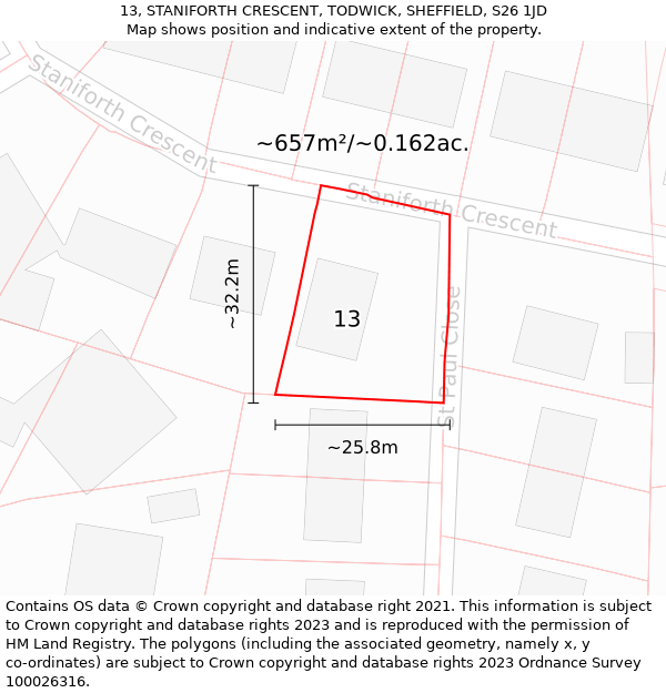 13, STANIFORTH CRESCENT, TODWICK, SHEFFIELD, S26 1JD: Plot and title map