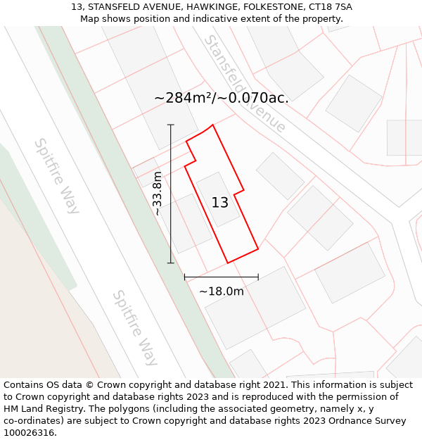 13, STANSFELD AVENUE, HAWKINGE, FOLKESTONE, CT18 7SA: Plot and title map