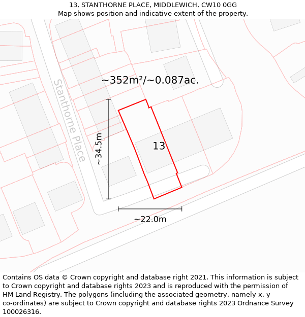 13, STANTHORNE PLACE, MIDDLEWICH, CW10 0GG: Plot and title map