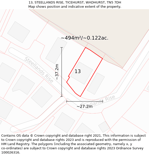 13, STEELLANDS RISE, TICEHURST, WADHURST, TN5 7DH: Plot and title map