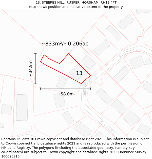 13, STEERES HILL, RUSPER, HORSHAM, RH12 4PT: Plot and title map