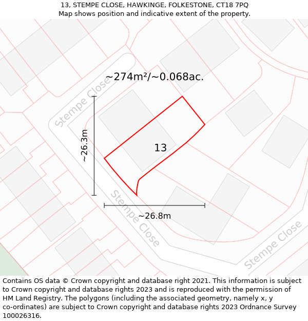 13, STEMPE CLOSE, HAWKINGE, FOLKESTONE, CT18 7PQ: Plot and title map