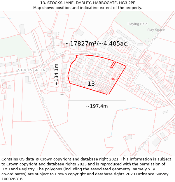 13, STOCKS LANE, DARLEY, HARROGATE, HG3 2PF: Plot and title map