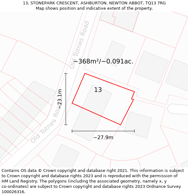 13, STONEPARK CRESCENT, ASHBURTON, NEWTON ABBOT, TQ13 7RG: Plot and title map