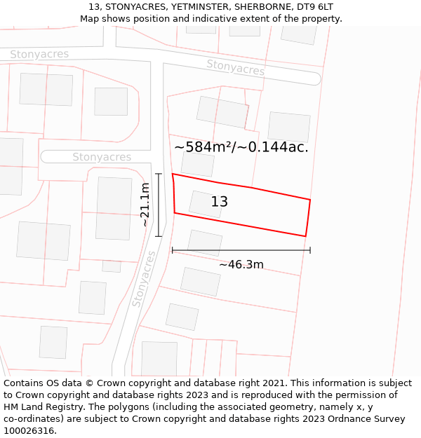 13, STONYACRES, YETMINSTER, SHERBORNE, DT9 6LT: Plot and title map