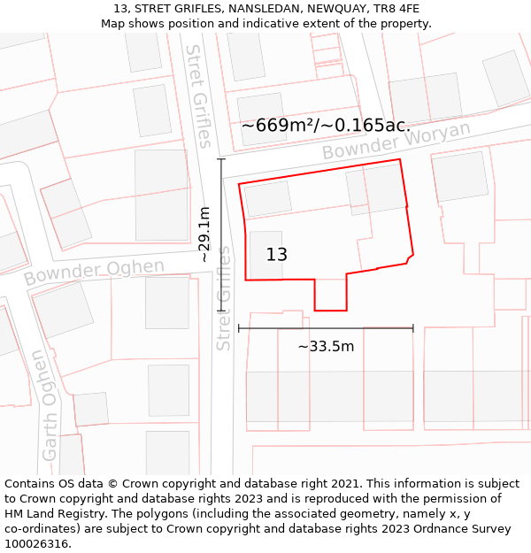 13, STRET GRIFLES, NANSLEDAN, NEWQUAY, TR8 4FE: Plot and title map