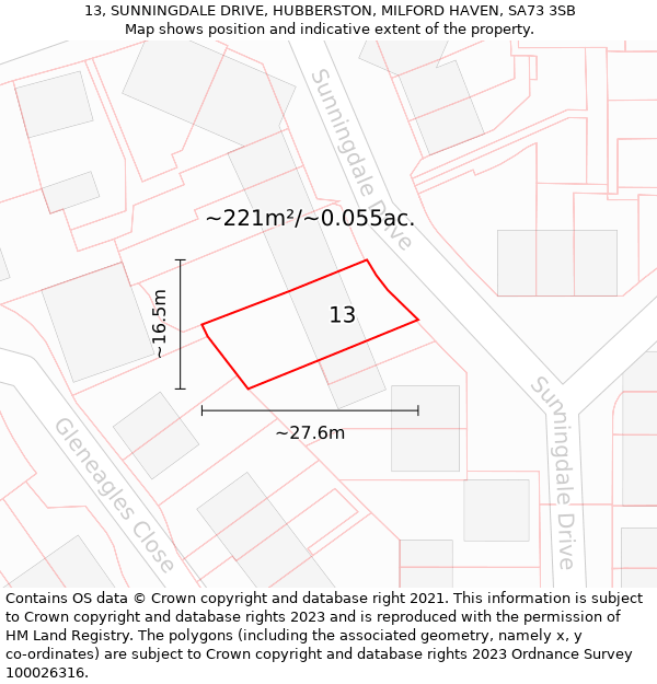 13, SUNNINGDALE DRIVE, HUBBERSTON, MILFORD HAVEN, SA73 3SB: Plot and title map