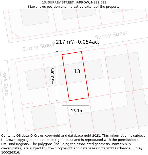 13, SURREY STREET, JARROW, NE32 5SB: Plot and title map