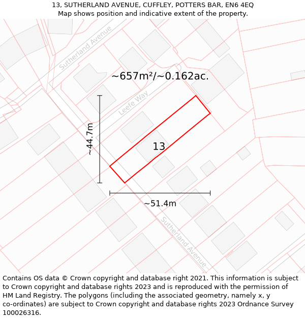 13, SUTHERLAND AVENUE, CUFFLEY, POTTERS BAR, EN6 4EQ: Plot and title map