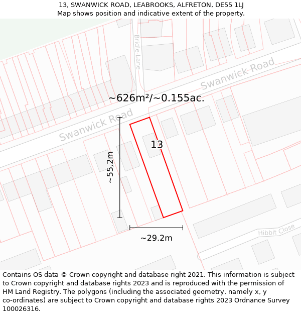 13, SWANWICK ROAD, LEABROOKS, ALFRETON, DE55 1LJ: Plot and title map