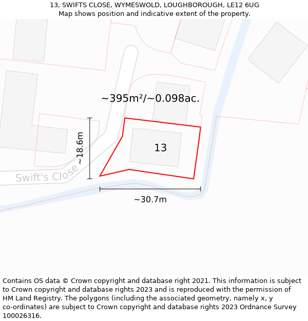 13, SWIFTS CLOSE, WYMESWOLD, LOUGHBOROUGH, LE12 6UG: Plot and title map