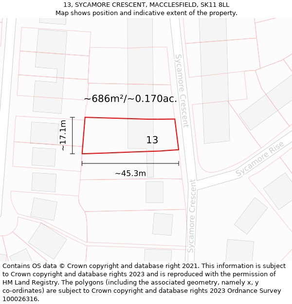 13, SYCAMORE CRESCENT, MACCLESFIELD, SK11 8LL: Plot and title map