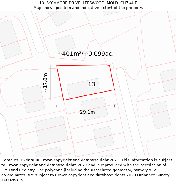 13, SYCAMORE DRIVE, LEESWOOD, MOLD, CH7 4UE: Plot and title map