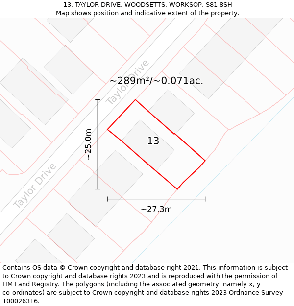 13, TAYLOR DRIVE, WOODSETTS, WORKSOP, S81 8SH: Plot and title map