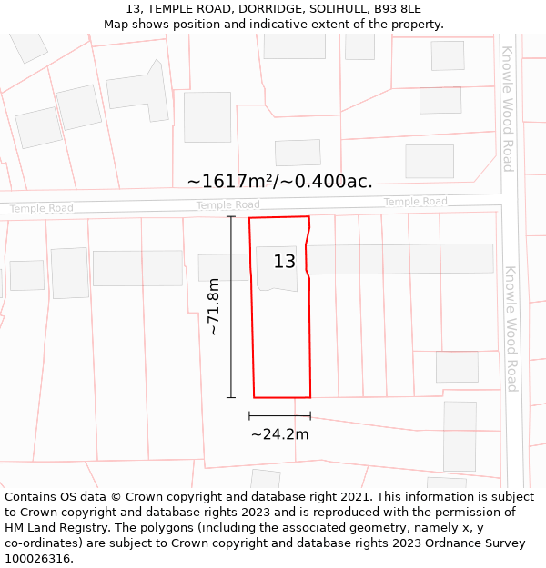 13, TEMPLE ROAD, DORRIDGE, SOLIHULL, B93 8LE: Plot and title map
