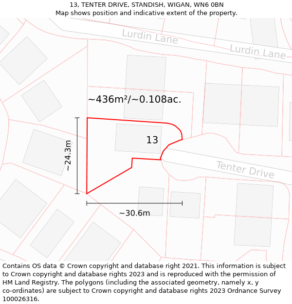 13, TENTER DRIVE, STANDISH, WIGAN, WN6 0BN: Plot and title map