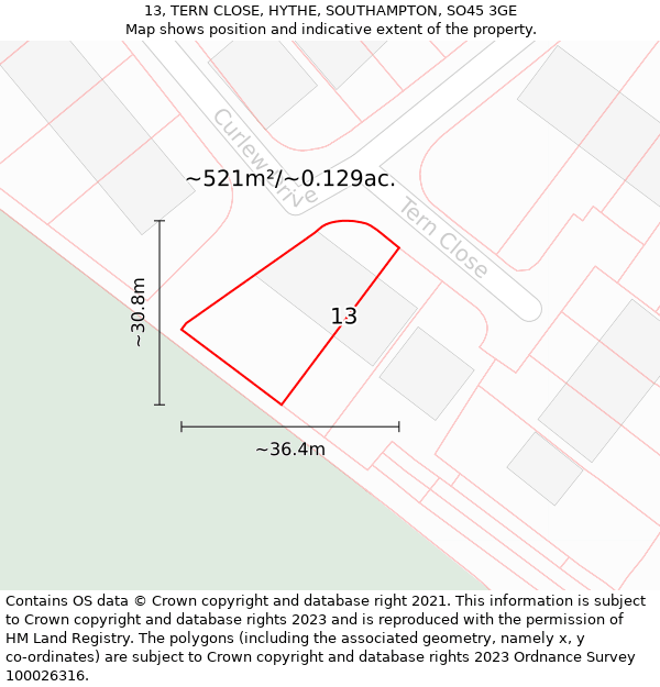 13, TERN CLOSE, HYTHE, SOUTHAMPTON, SO45 3GE: Plot and title map