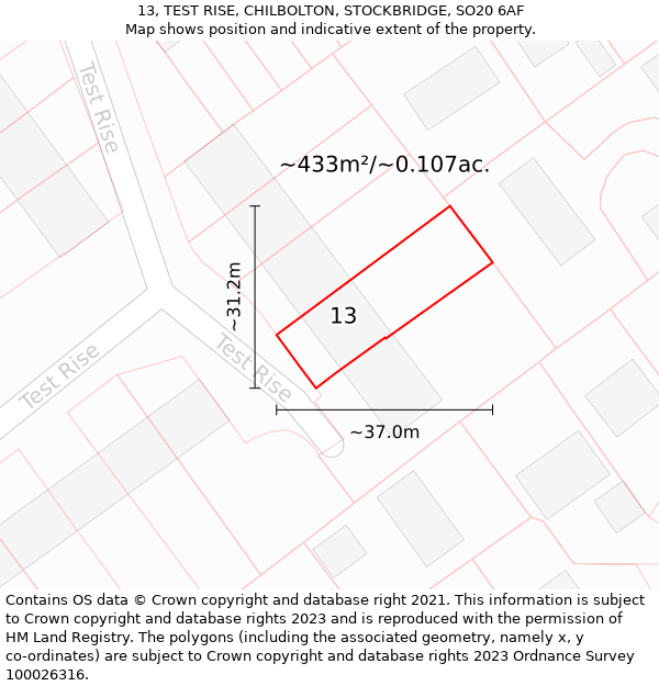 13, TEST RISE, CHILBOLTON, STOCKBRIDGE, SO20 6AF: Plot and title map