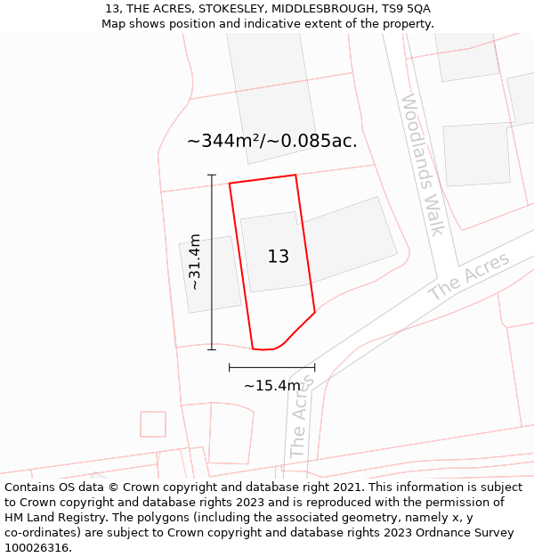 13, THE ACRES, STOKESLEY, MIDDLESBROUGH, TS9 5QA: Plot and title map