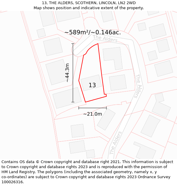 13, THE ALDERS, SCOTHERN, LINCOLN, LN2 2WD: Plot and title map