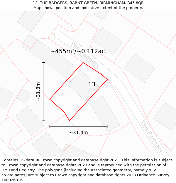 13, THE BADGERS, BARNT GREEN, BIRMINGHAM, B45 8QR: Plot and title map