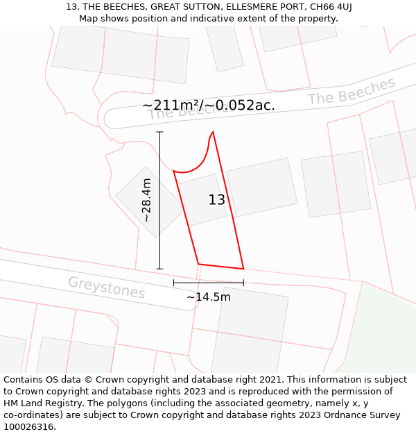 13, THE BEECHES, GREAT SUTTON, ELLESMERE PORT, CH66 4UJ: Plot and title map