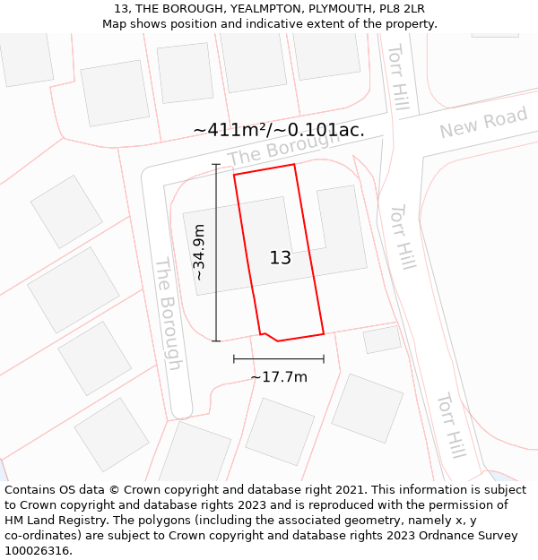 13, THE BOROUGH, YEALMPTON, PLYMOUTH, PL8 2LR: Plot and title map