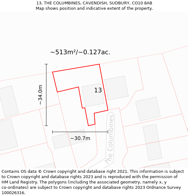 13, THE COLUMBINES, CAVENDISH, SUDBURY, CO10 8AB: Plot and title map