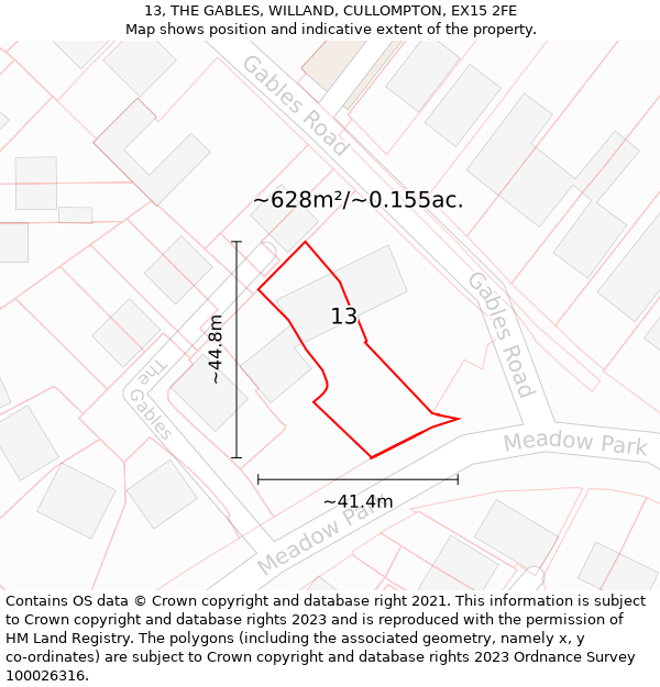 13, THE GABLES, WILLAND, CULLOMPTON, EX15 2FE: Plot and title map