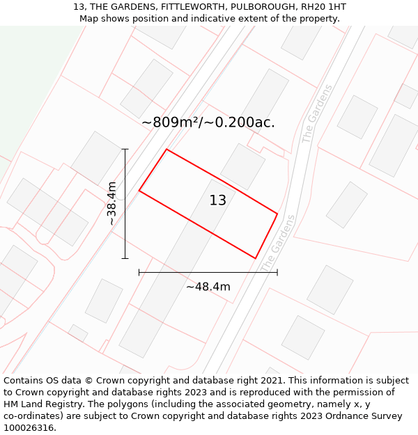 13, THE GARDENS, FITTLEWORTH, PULBOROUGH, RH20 1HT: Plot and title map