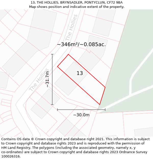 13, THE HOLLIES, BRYNSADLER, PONTYCLUN, CF72 9BA: Plot and title map