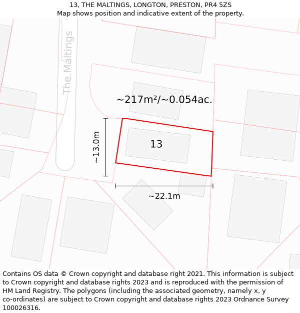 13, THE MALTINGS, LONGTON, PRESTON, PR4 5ZS: Plot and title map